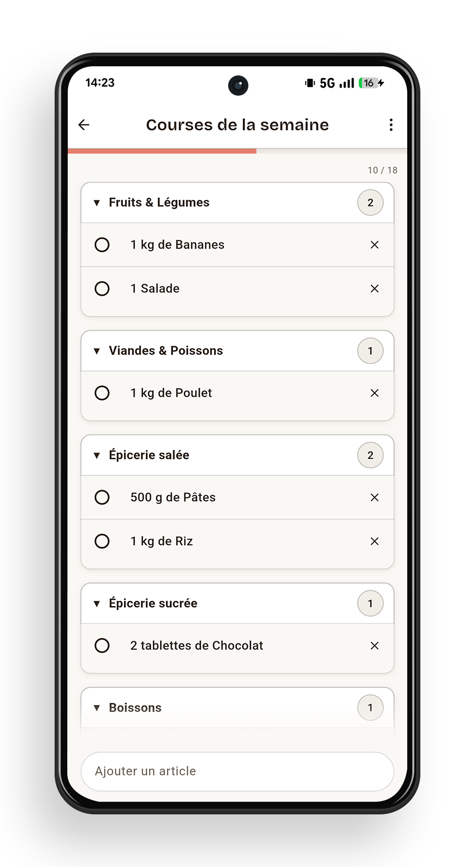 L'écran Listes de courses de Sumika