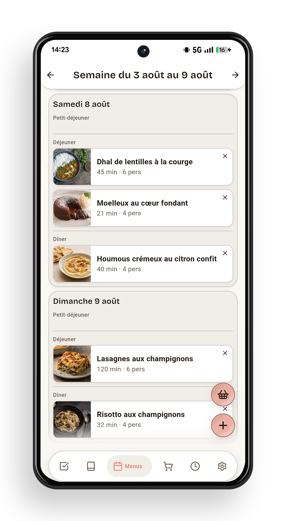 L'écran Menu de la semaine de Sumika